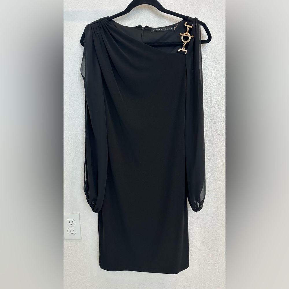 Ivanka Trump Black Dress with Gold Accent Buckle and Open Sleeves